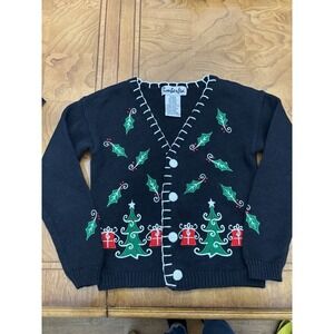 Timberlea Girls Sz 6x Christmas Holiday V Neck Cardigan Black Holly Vintage